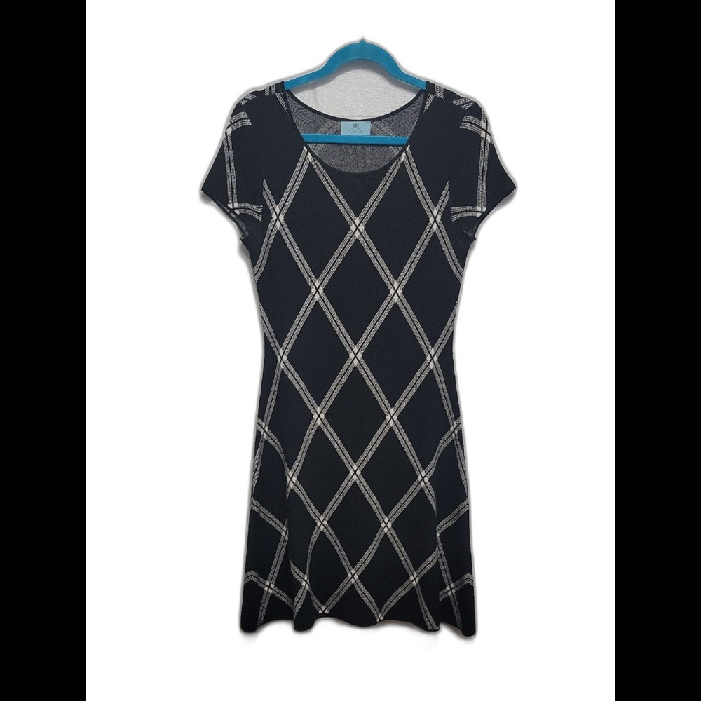 CeCe Black Knit Dress with Cream Lattice Pattern